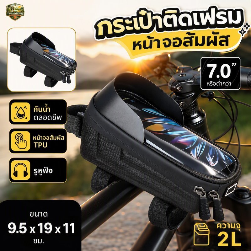 กระเป๋าจักรยานติดเฟรม MTB กระเป๋าเก็บของอุปกรณ์ขี่จักรยาน ใส่มือถือ กันน้ำ หน้าจอสัมผัส ความจุใหญ่