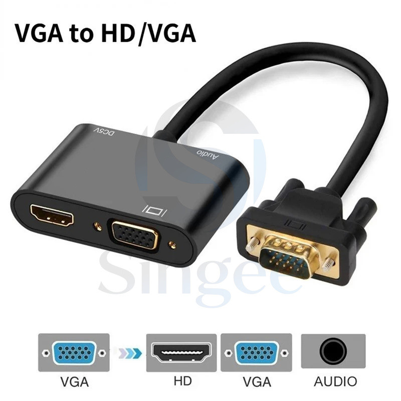 3-in-1 VGA to HDMI – เข้ากันได้กับอะแดปเตอร์ +3.5 มม. + VGA HDTV