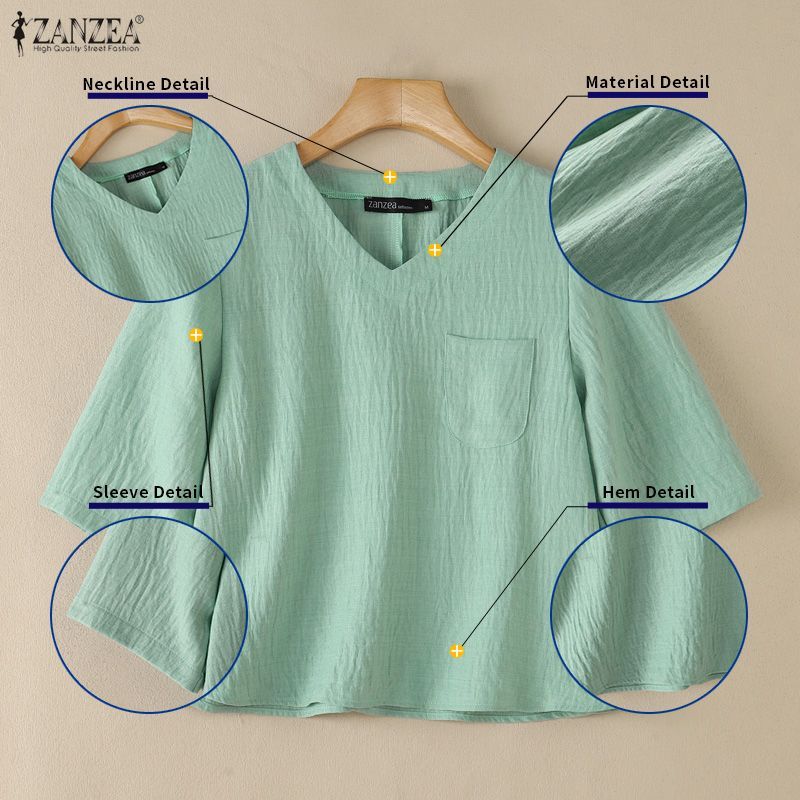 ZANZEA เสื้อเบลาส์เรียบง่ายคอวี 3/4 สําหรับผู้หญิงแฟชั่นเกาหลี — صورة 7