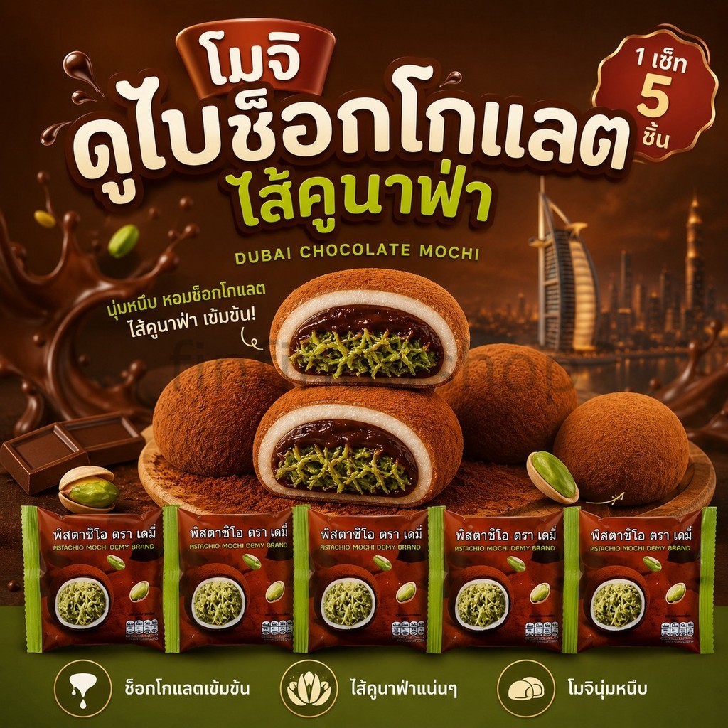 โมจิช็อคโกแลตดูไบ ไส้คูนาฟ่าพิตาชิโอ (เซ็ท 5 ชิ้น)
