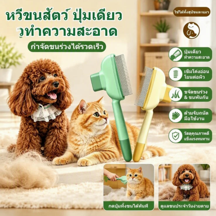 แปรงหวีขนสัตว์ ปุ่มกดดันขนออกได้ทันที หัวเข็มมีปลายกลม ไม่ข่วนผิว กำจัดขนร่วงได้รวดเร็ว ดูแลขนสุนัขแมว