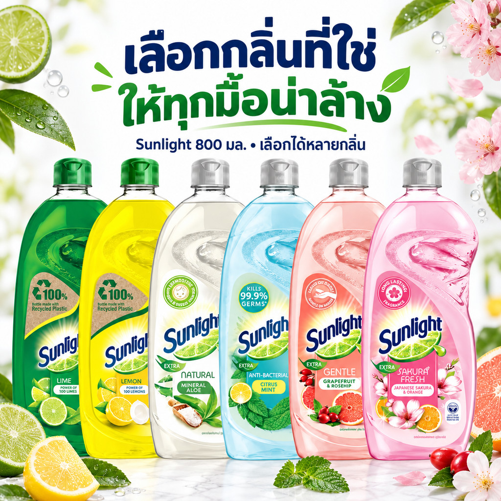 Sunlight น้ำยาล้างจาน 800 มล. เลือกกลิ่นได้ | ไลม์ เลมอน มิ้นต์ ซากุระ อโลเวรา  และชาเขียวมัทฉะ
