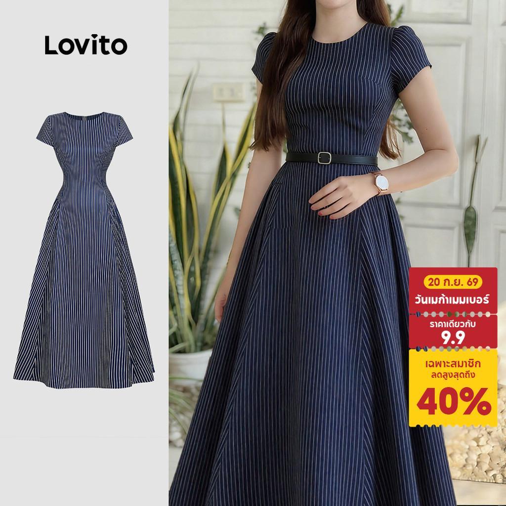 Lovito สง่างาม เดรสผู้หญิงสีกรมท่าแบบซิปจีบหรู สําหรับฤดูใบไม้ผลิ/ฤดูร้อน LBL32167