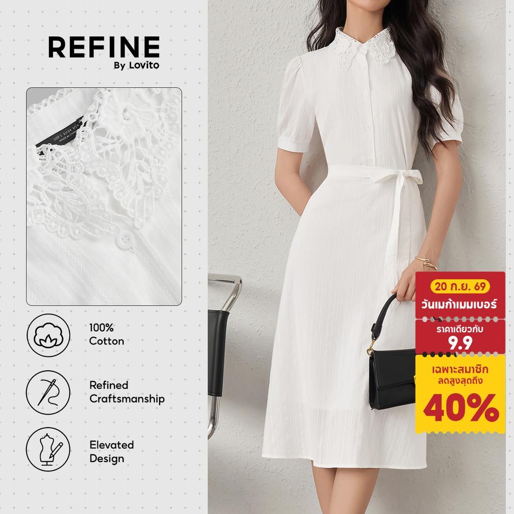 (Refine by Lovito) เดรสทำงาน ผ้าฝ้ายปักลาย ลายจาการ์ด มีเข็มขัด สองชั้น เดรสสีขาว ผู้หญิง ฤดูใบไม้ผลิ-ฤดูร้อน DRR42P1D026