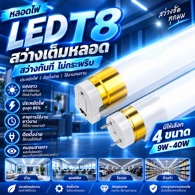 หลอดไฟ LED T8 พร้อมขาแขวน 9W 18W 20W 40W ประหยัดไฟ แสงขาว วอร์มไวท์ ใช้งานยาวนาน