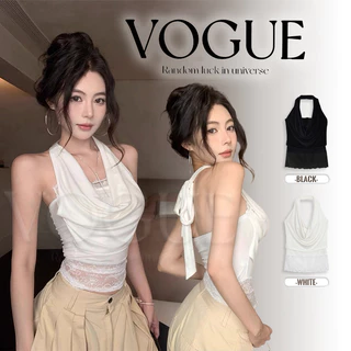 Vogue🌟พร้อมส่ง🌟 เสื้อคล้องคอ สีพื้นผ้านุ่มนิ่ม ดีเทลแต่งลูกไม้ มีฟองน้ำในตัว (FY5593)
