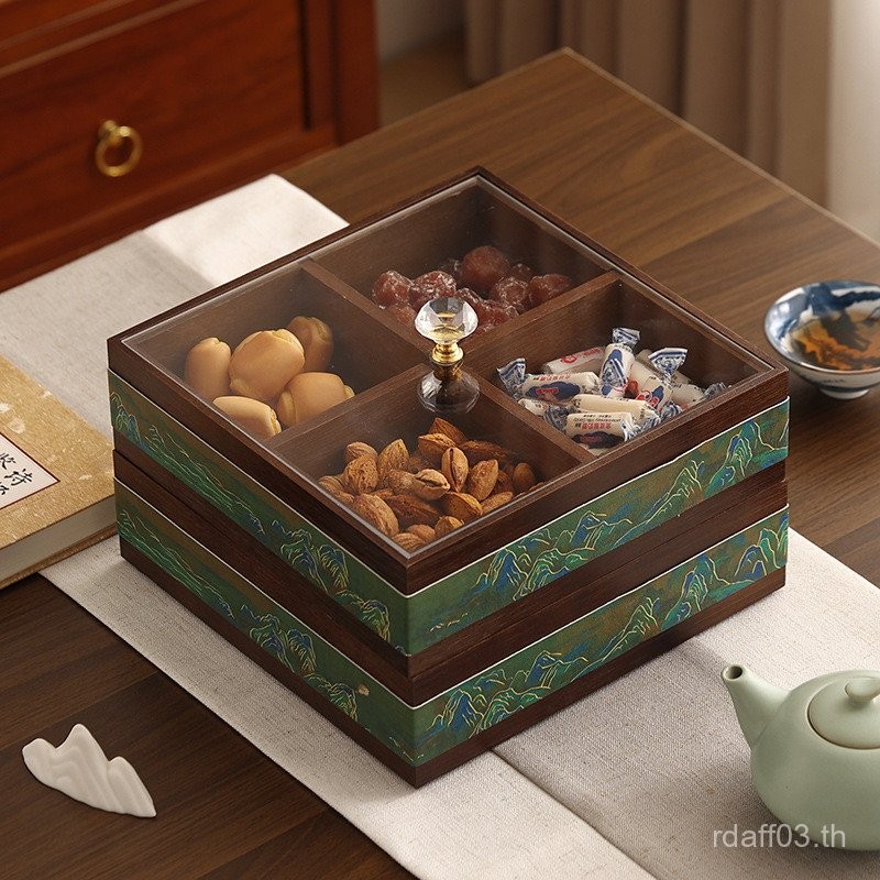 กล่องขนมสไตล์จีนใหม่ กล่องเก็บขนมในบ้าน ถาดแสดงขนมในห้องนั่งเล่น กล่องไม้ไผ่สี่ช่องสำหรับผลไม้แห้ง N