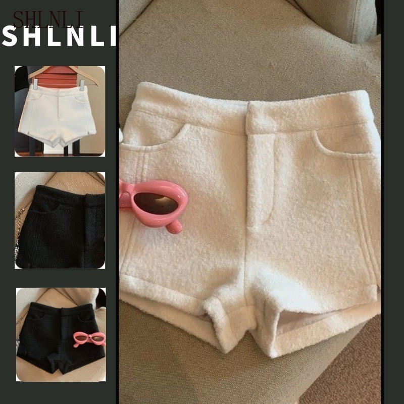 กางเกงขาสั้นผ้าขนสัตว์เอวสูงสำหรับผู้หญิง ออกแบบมาให้สวมใส่ง่ายในฤดูใบไม้ร่วงและฤดูหนาว มีความยืดหยุ่นที่เอวและกระเป๋าสะดวกใช้งาน