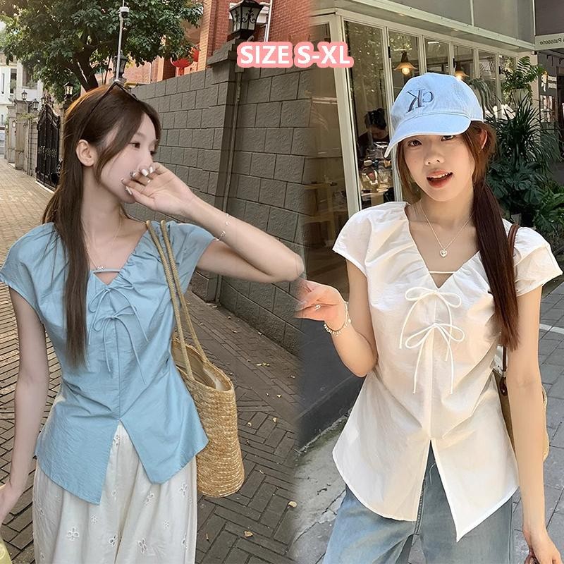 เสื้อเชิ้ตแขนสั้นสำหรับผู้หญิง สไตล์ลำลองฤดูร้อน เสื้อเชิ้ตแขนหลวม จับคู่กับท็อปส์ซู แฟชั่น เสื้อผ้าสตรีย้อนยุค#99200