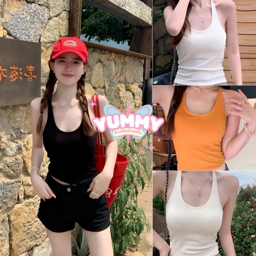 🎀Yummy Shop🎀​㈨ เสื้อกล้ามเสริมฟองน้ำในตัว สีสดใสยืดพอดีตัวน่ารักๆ ผ้าร่องเล็ก เสื้อกล้ามเปิดไหล่น่ารัก' FY3575