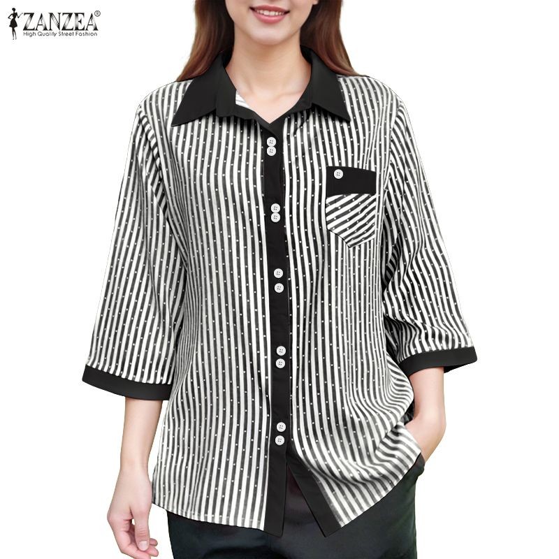 ZANZEA ชิโนว์แขนกึ่งยาวสำหรับผู้หญิง สไตล์เกาหลี ดีไซน์ลายทางตัดกัน เหมาะสำหรับการเดินทางและใส่ทำงาน