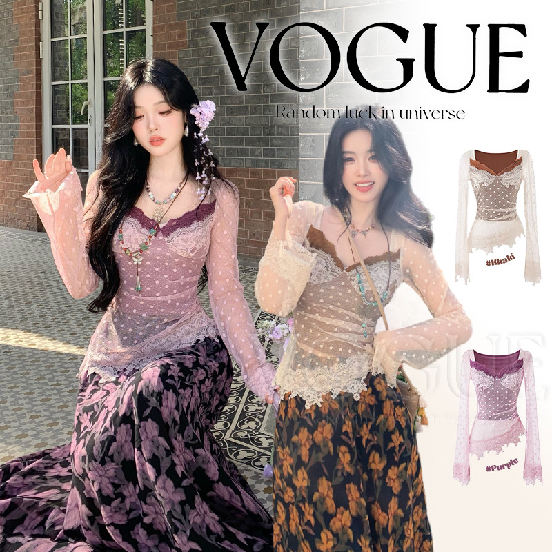 Vogue🌟พร้อมส่ง🌟 เสื้อแขนยาว ลายลูกไม้สไตล์สาวเกาหลี เสริมฟองน้ำ ใส่สวย (FY33039)