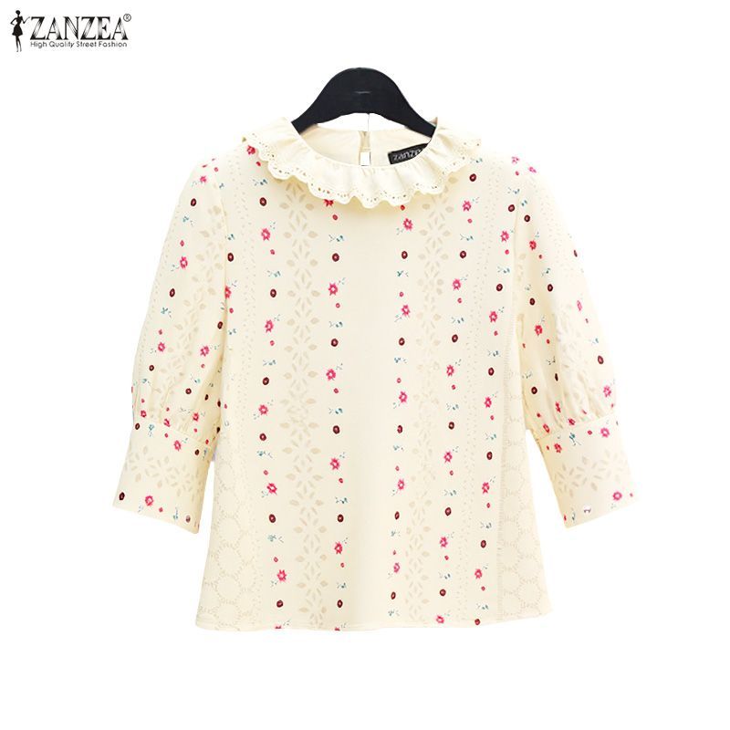 ZANZEA ใส่ ซานเซีย ผู้หญิงเกาหลีวินเทจลูกเรือคอพัฟแขนกลวงดอกไม้พิมพ์เสื้อ