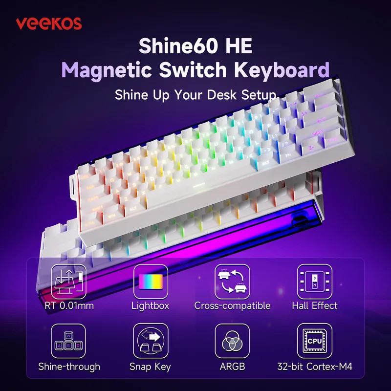 AKKO x Veekos Shine60 HE คีย์บอร์ดสวิตช์แม่เหล็ก 60% Rapid Keboard RT 0.01 มม.Snap Key แป้นพิมพ์แบบก