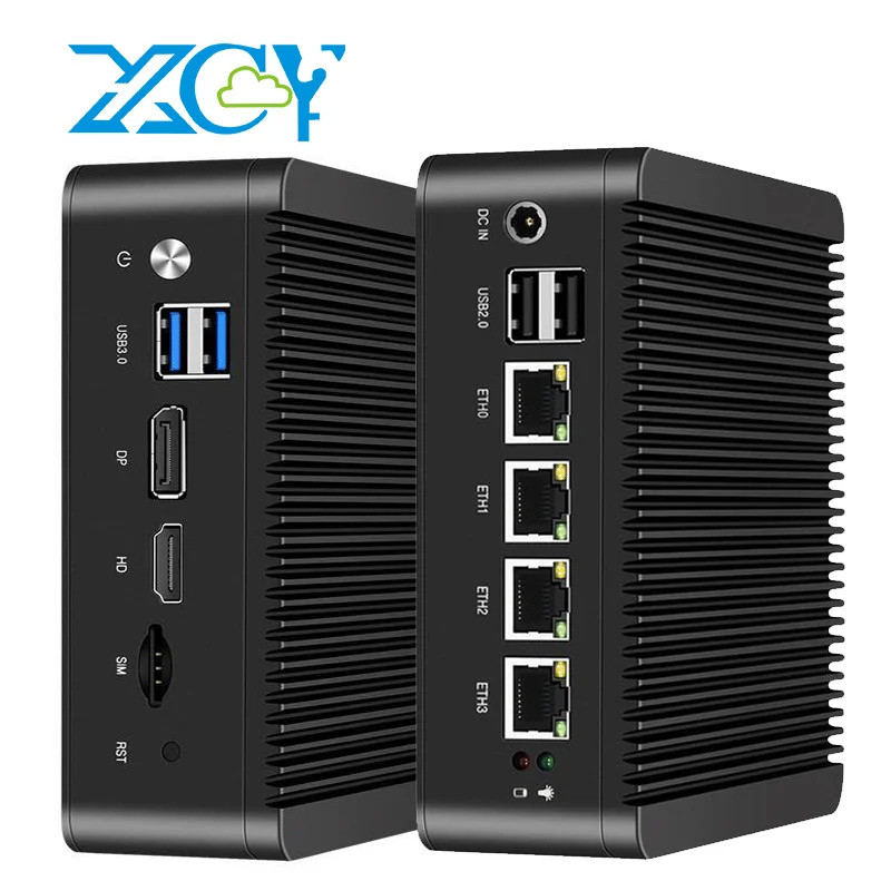 XCY Fanless Mini PC intel N100 J4125 J1900 N2830 N5105 4x 2.5G Ethernet Thin Client PC รองรับ Window