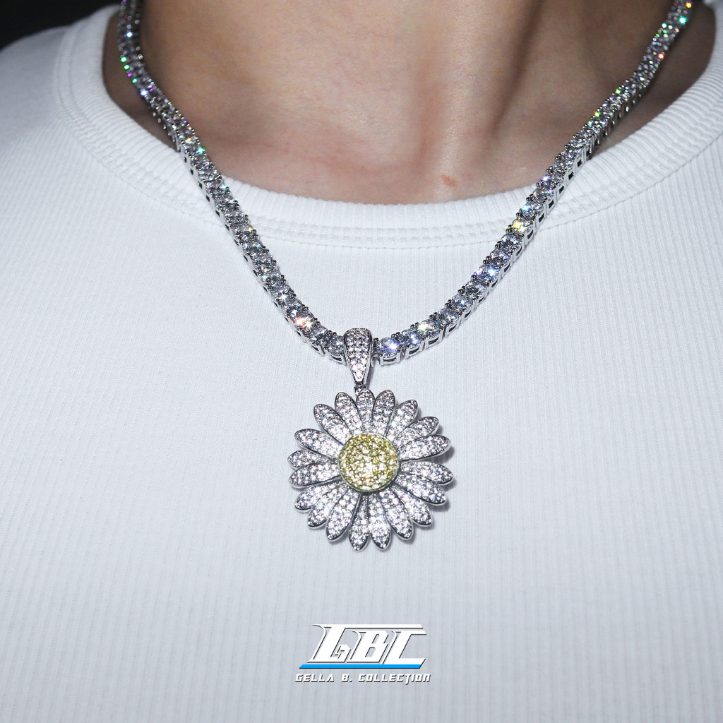 GBC จี้คู่ดอกทานตะวันHip Hop เพชรเต็ม สร้อยคอมีพวงมาลัยหมุนได้ ขนาดเล็ก