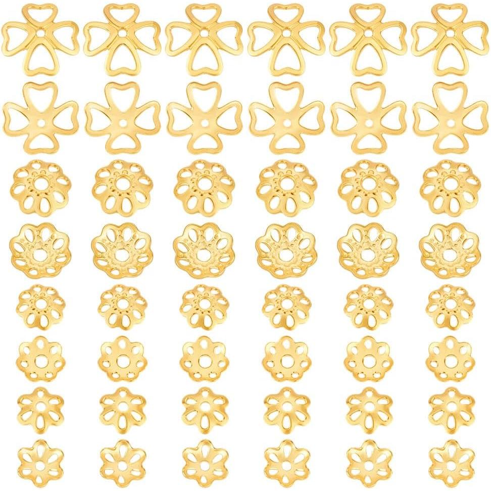 PandaHall 48 พีซ ลูกปัดเงิน 925 สเตอร์ลิง กะลาสีทอง 18K พร้อมฝังลายระยิบระยับ 4 แบบ สำหรับงานDIY สร้