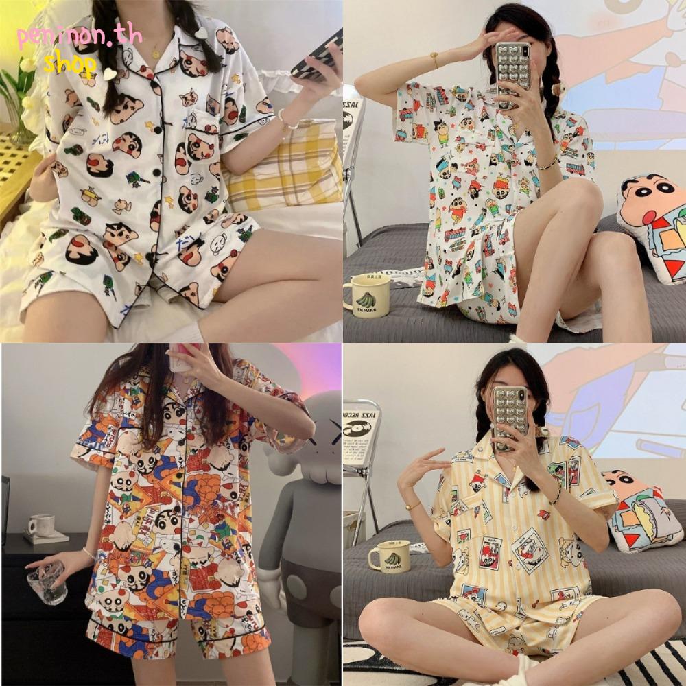 PENINON ชุดนอนสูทแขนสั้น สำหรับใส่ที่บ้านแบบสบายๆ ชุดนอนฤดูร้อนสไตล์แฟชัน