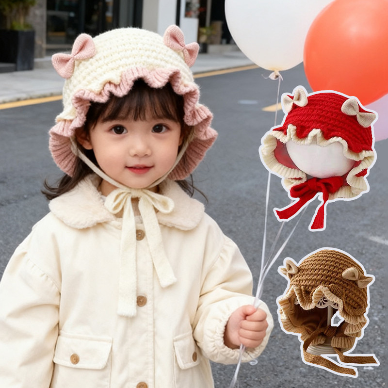 หมวกเด็ก ปรับได้ รูปแบบน่ารัก การออกแบบโบว์ มีดอกไม้เล็ก เก็บความอบอุ่นและป้องกันลม - รูปที่ 4