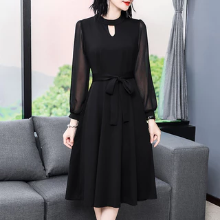 ชุดเดรสสไตล์ใหม่ฤดูใบไม้ผลิฤดูใบไม้ร่วงแขนยาวSlim-fit Slimmerดูสีดําอารมณ์Ladyแม่สไตล์ขนาดใหญ่ความงาม