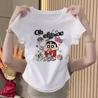 【กรุงเทพจัดส่งสินค้า】เสื้อยืดครอปผู้หญิง ลายการ์ตูน แขนสั้น ทรงสลิมฟิต สำหรับสาวอ้วน ไซส์ S-XL มีหลายไซส์ให้เลือก คอกลม