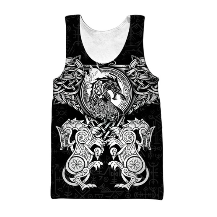 เสื้อกั๊กผู้ชายสไตล์ไวกิญง พิมพ์ลายสัญลักษณ์ Odin และ crow 3D ทันสมัย