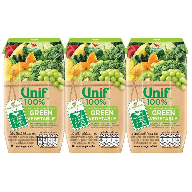 ยูนิฟน้ำผักใบเขียวผสมน้ำผลไม้รวม100เปอร์เซ็นต์ 200มล แพค 3 Unif Green Veggie100 200mlX3 [หมายเลขบาร์โค้ด 8850388546087 ]