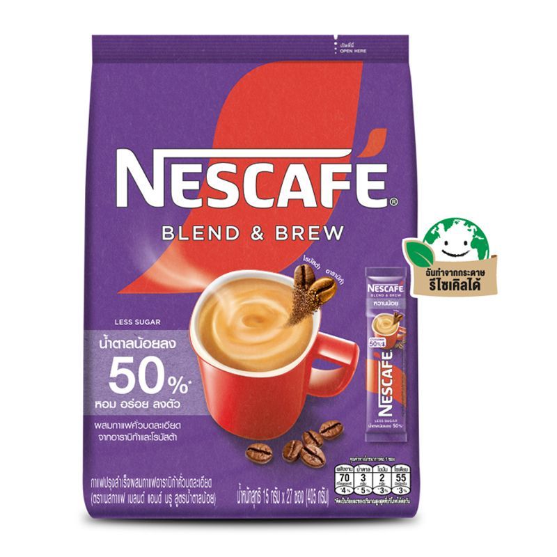 เนสกาแฟเบลนด์แอนด์บรูกาแฟปรุงสำเร็จชนิดผงสูตรน้ำตาลน้อย 15ก แพค 27ซอง Nescafe Blend and Brew 15X27 [8850125078925 ]