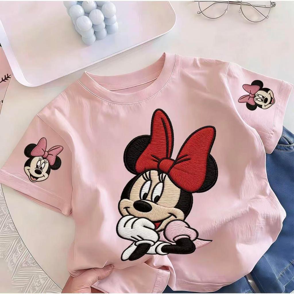 Pebbi Baby เสื้อยืดเด็กฤดูร้อนรุ่นใหม่ ลายปักมินนี่เมาส์ Minnie Mouse ดิสนีย์ ผ้าฝ้ายแท้100% นุ่มสบาย เสื้อแขนสั้นเด็กผู