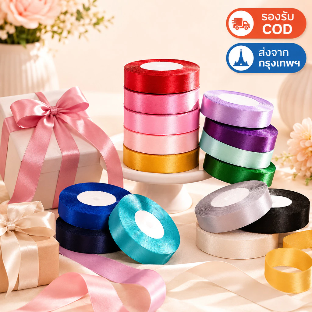 ริบบิ้นซาติน 2.5ซม. x 22ม. ริบบิ้นผ้า ทำโบว์ ห่อของขวัญ จัดช่อดอกไม้ DIY งานแต่ง พร้อมส่ง COD