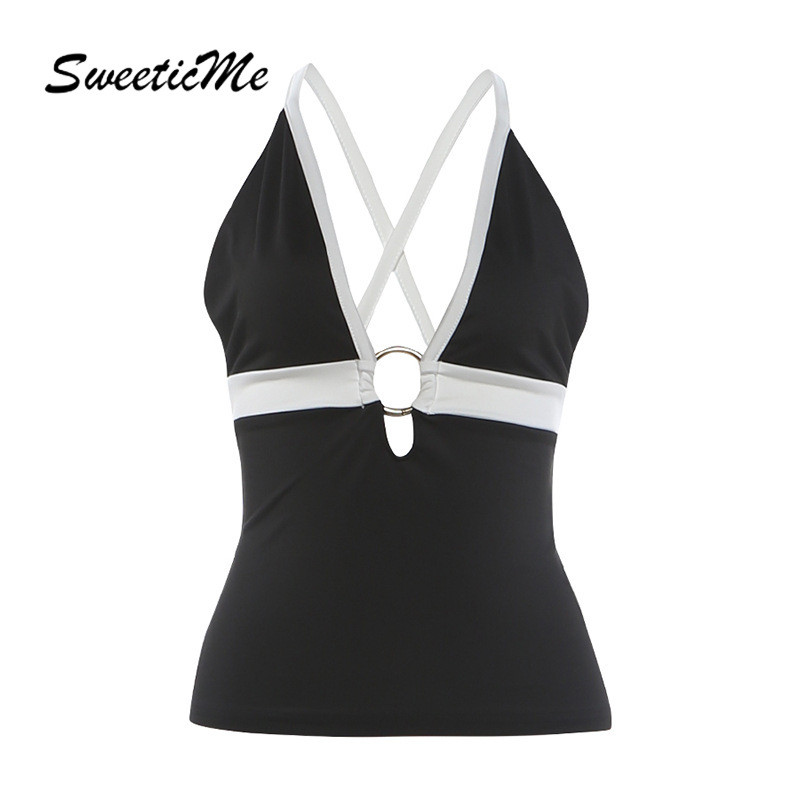 SweeticMe เสื้อกล้ามผู้หญิง 2026 แฟชั่นใหม่เซ็กซี่คอวีสีตัดกันเสื้อยกทรงกลวง