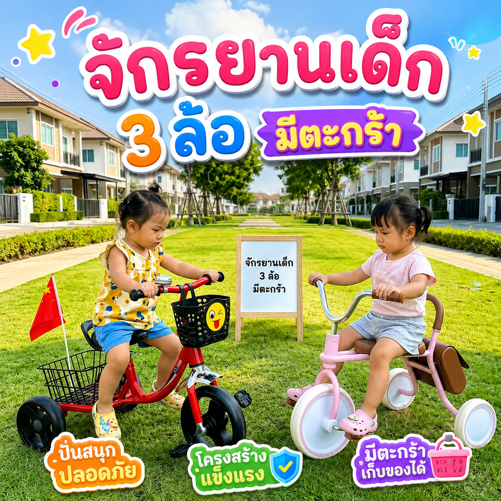 🚲รถจักรยานสามล้อปั่นเหล็ก มีตะกร้าใส่ของหน้า และหลังขนาดใหญ่ เบาะหนังนิ่มนั่งสบาย