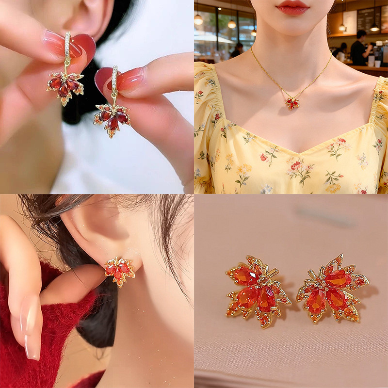 Electroplating Maple Leaf Collection สีแดง Micro-Inlaid Zircon Maple Leaf ต่างหูหรูหราต่างหู 0703
