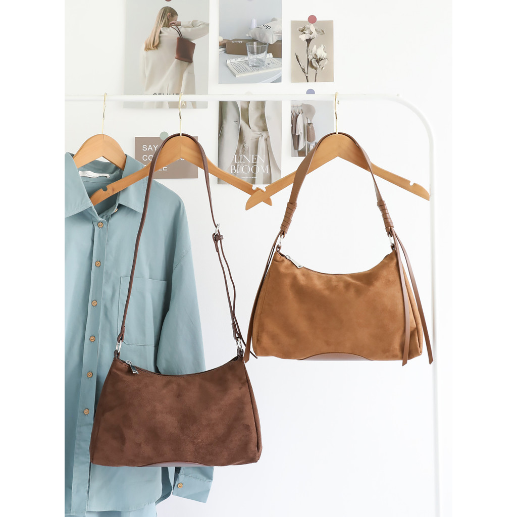 Ins Retro Suede Underarm Bag Temperament All-Match Baguette Bag Suede Shoulder Messenger Bag Handbag