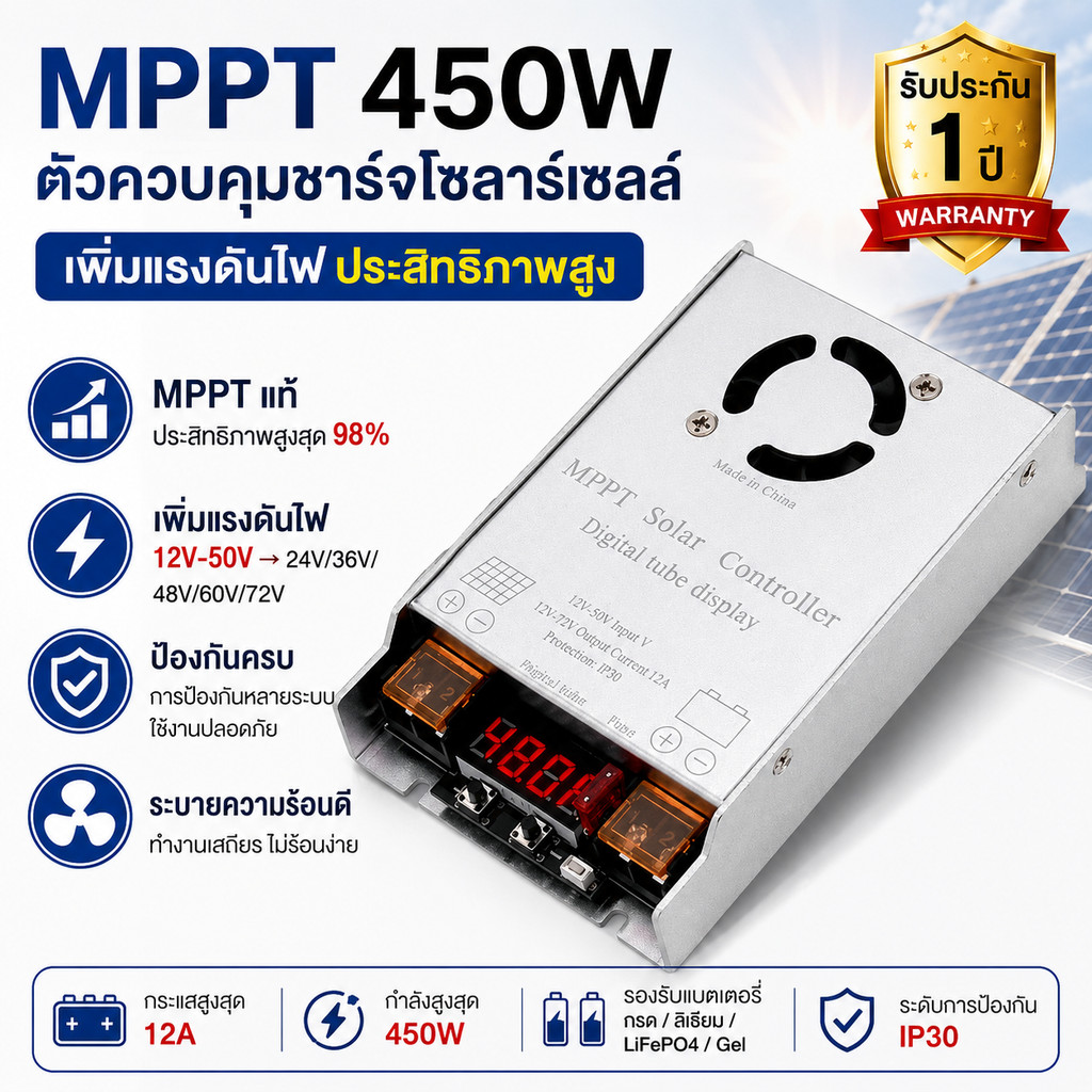 🔥 MPPT Solar Boost Charger 450W ตัวควบคุมชาร์จโซลาร์เซลล์ เพิ่มแรงดันไฟ 12V-50V ประสิทธิภาพสูง