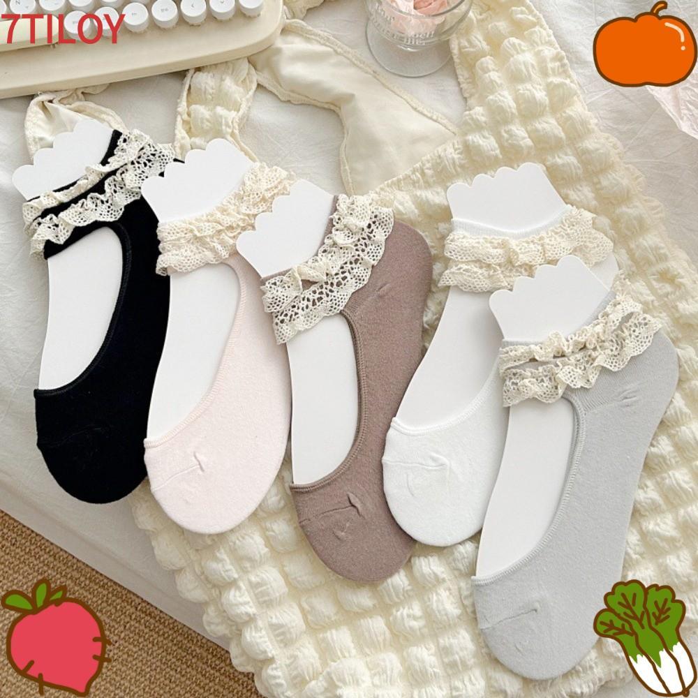 7TILOYSHOP ถุงเท้าบัลเล่ต์, รองเท้านุ่มถุงเท้าข้อออกแบบสั้น, น้ําหนักเบาสีทึบ Breathable Lace Ruffle ถุงผ้าฝ้ายสําหรับสาว
