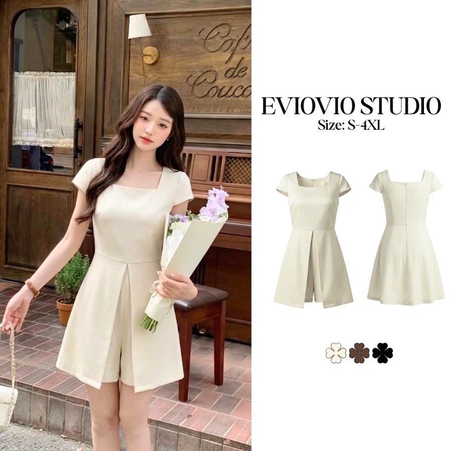 【S-4XL】EVIOVIO จั๊มสูทคุณหนู คอเหลี่ยม ทรงเดรสซ้อน ลุคเกาหลี ใส่แล้วดูแพง เดรสสาวอวบ พร้อมส่ง