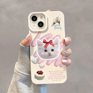 เคสไอโฟน11 For iPhone 15 13 12 16 17 14 11 PRO MAX เคส ปลอกสีขาวเป็นมิตรต่อสิ่งแวดล้อม ลูกแมวเค้กสีฟ้าสีชมพูแห่งความรัก