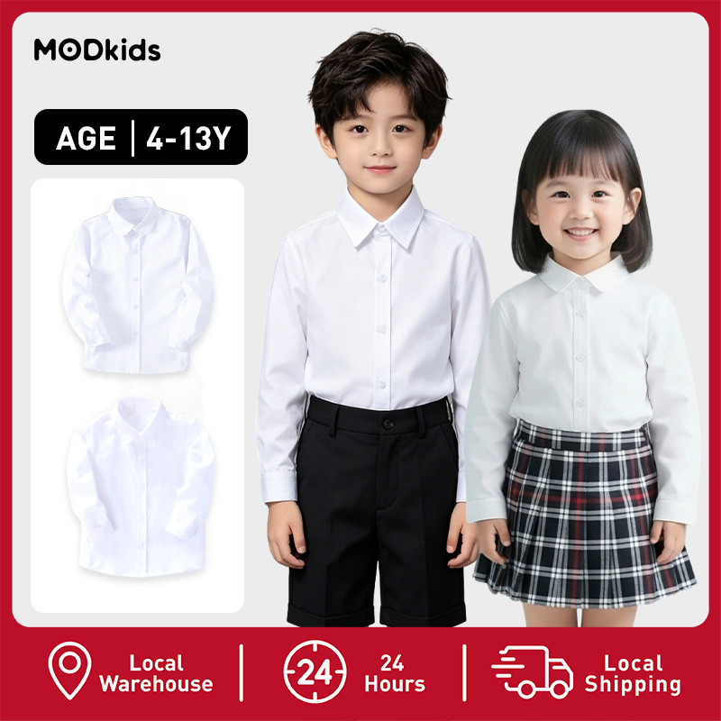 【Back To School】สื้อเชิ้ตสีขาวเด็กแขนยาว ผ้าฝ้ายนุ่มคุณภาพดี เสื้อเครื่องแบบนักเรียนวัยรุ่น