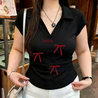 เสื้อทรงซ้อ เสื้อครอปสาวอวบ เสื้อยืดผู้หญิงทรงสลิม เสื้อเชิ้ตโบว์ เสื้อเชิ้ตโบว์ เสื้อยืดทรงจีบธรรมดาสำหรับผู้หญิง