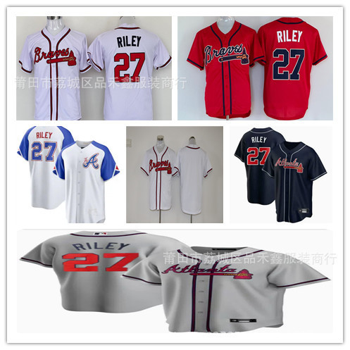 จัดส่งในวันเดียวกัน!!Braves Atlanta Braves Jersey Men No. 27 Riley ปักชุดเบสบอล Pro