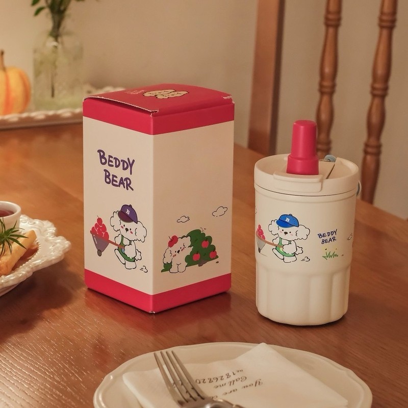 Cup Bear Tutu Coffee Thermos Cup Straw Handy Cup Ceramic Liner Water Cup Girls High-value สะดวก Coff
