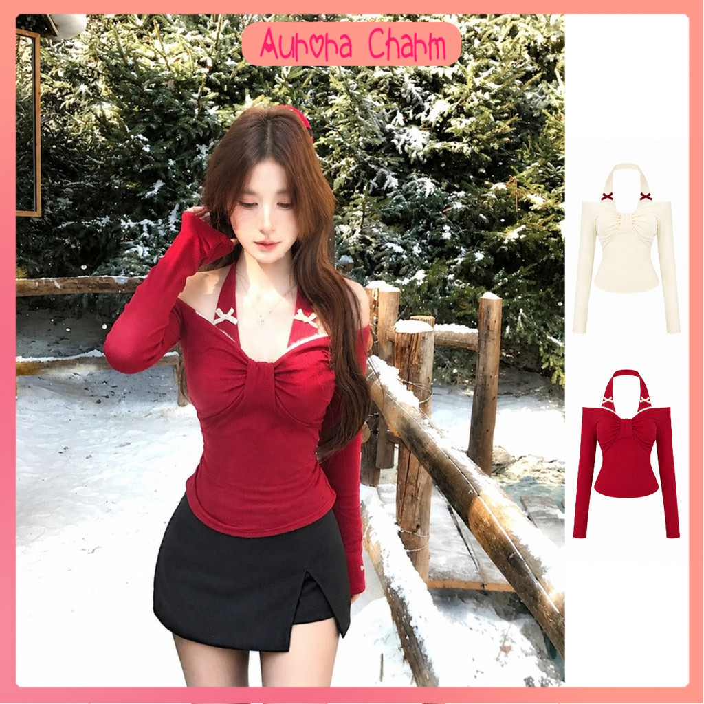 Aurora Charm เสื้อครอปแขนยาวสีแดง เปิดไหล่คล้องคอ แต่งโบว์ เสื้อคริสต์มาส Y2K สุดแซ่บ
