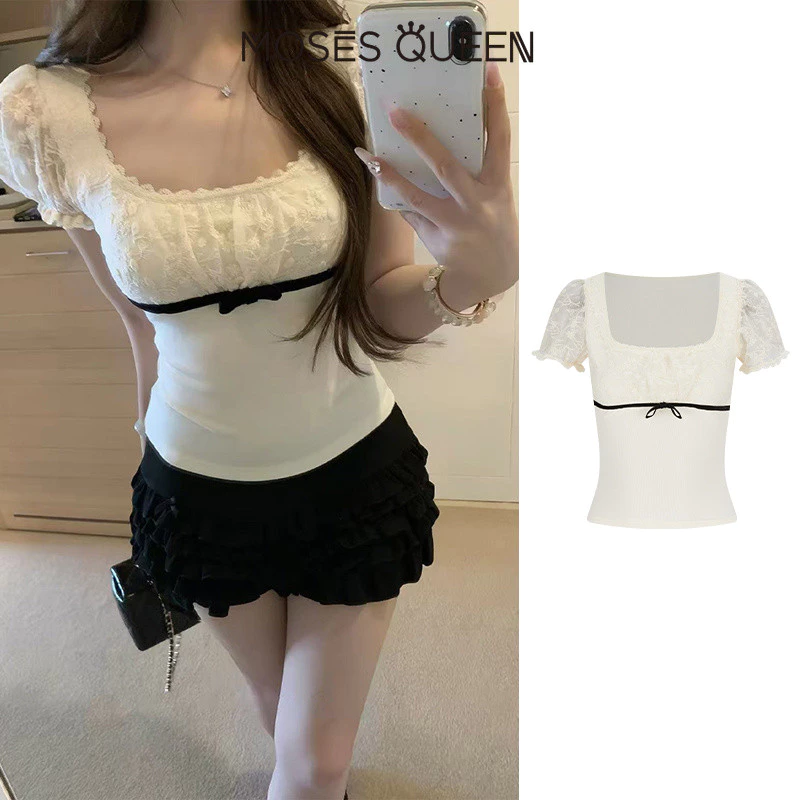 MOSESQUEEN ความเมตตา สไตล์เกาหลีแขนฟองลูกไม้ติดตั้งแขนสั้นเสื้อยืดผู้หญิงฤดูร้อนร่างกายรูปร่างผอมอายุลดร้อยสไตล์แฟชั่นเสื้อ #63930