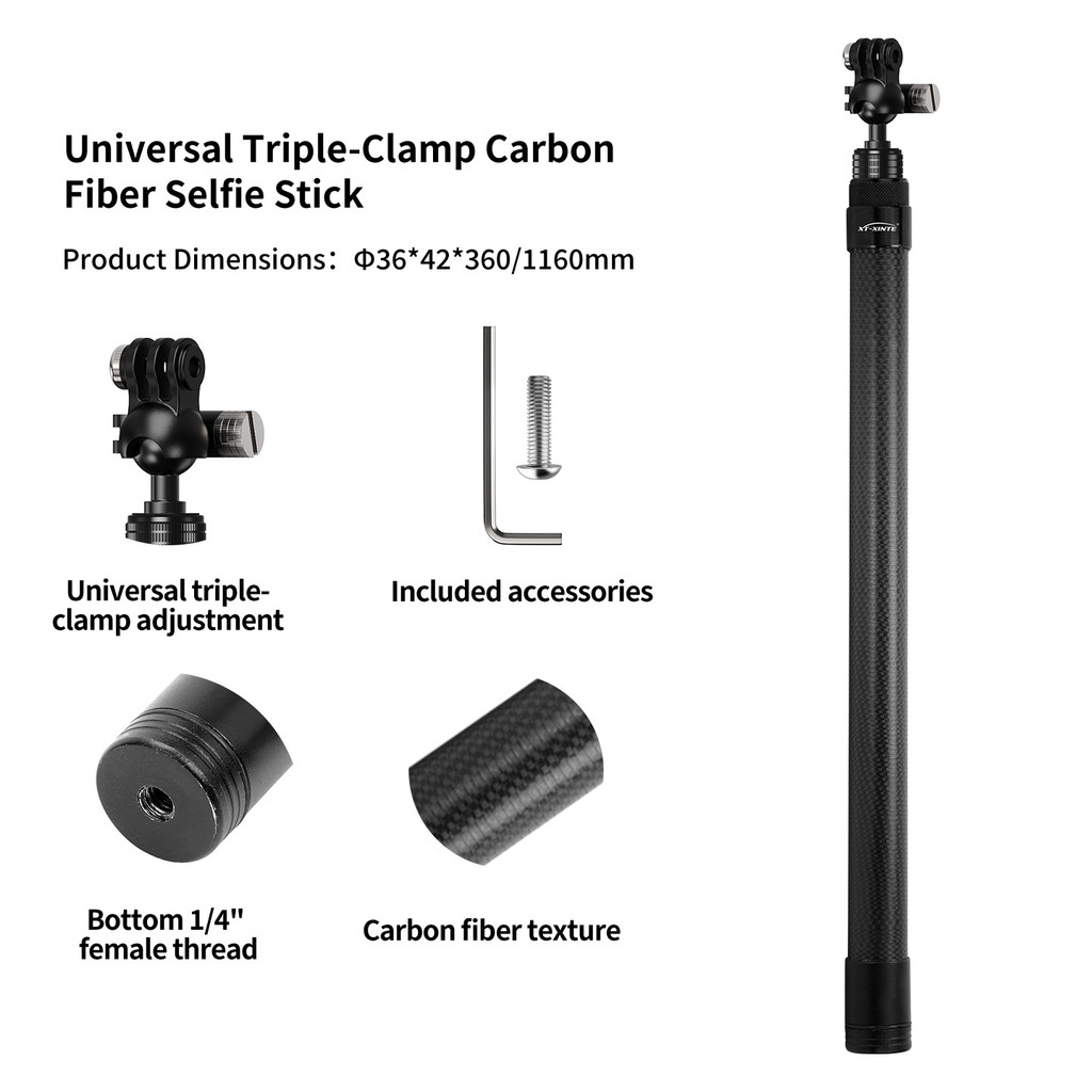 XT-XINTE ไม้เซลฟี่คาร์บอนไฟเบอร์แบบ Triple-Clamp สากล 360 สําหรับกล้องและอะแดปเตอร์แอคชั่นแคมเมราสอง