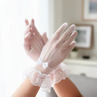 ถุงมือตาข่ายลูกไม้ เด็กผู้ใหญ่ ฟรีไซส์ ยืดหยุ่น สีขาว ข้อมือพู่หนา ใส่ออกงาน พาเหรด