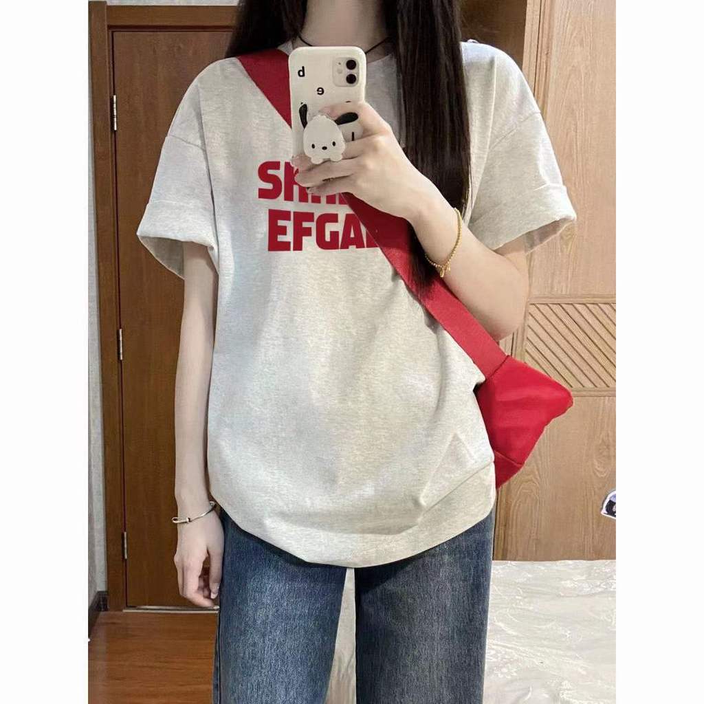 ผ้าฝ้าย 100% แขนสั้นเสื้อยืดผู้หญิงฤดูร้อนหลวมสบายๆทั้งหมดตรงกับรอบคอสไตล์ขี้เกียจคู่พิมพ์เสื้อยืดผู