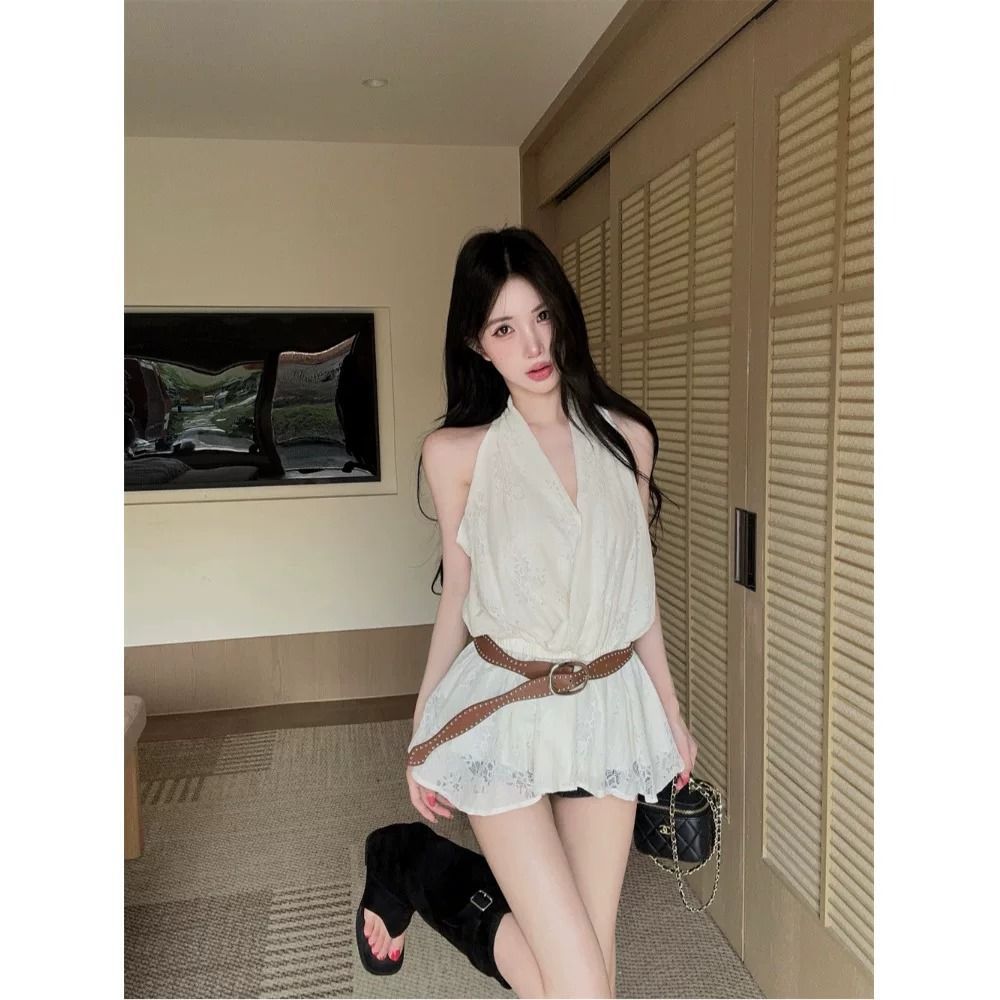 ใหม่ภาษาฝรั่งเศสคํา V คอ Halter คอออกแบบ Camisole ผู้หญิงฤดูร้อนสไตล์ใหม่แคบ-เอว Slimmer ดู Jacquard