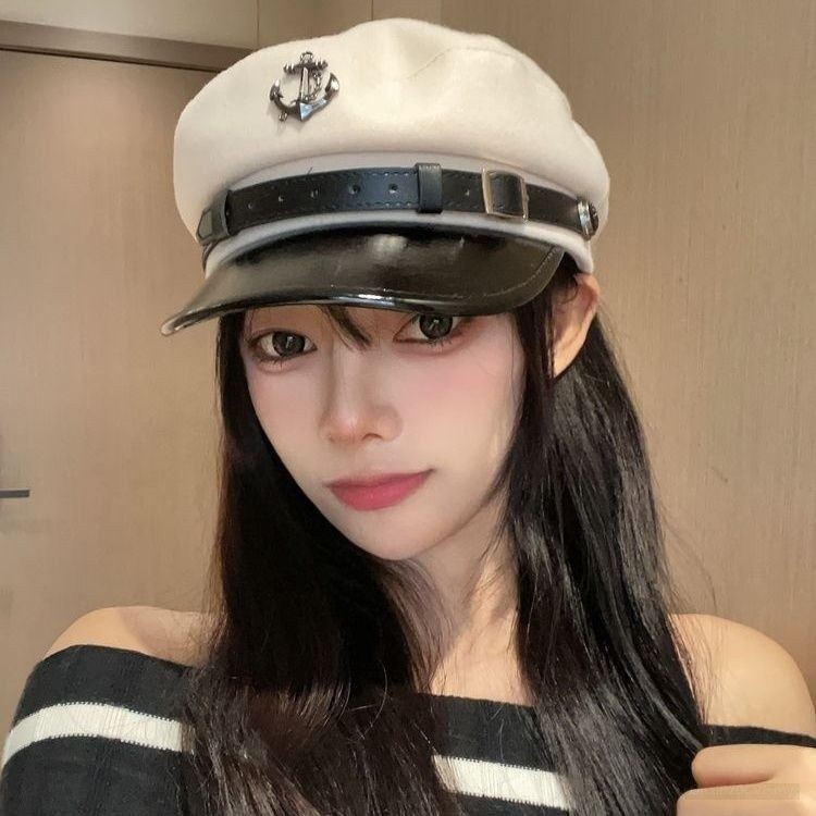 สไตล์ญี่ปุ่น PU Pimpunk Navy Feng กะลาสีหมวกขนาดเล็กอเมริกันย้อนยุคแบนด้านบนจิตรกรหมวก Retro PU หนัง