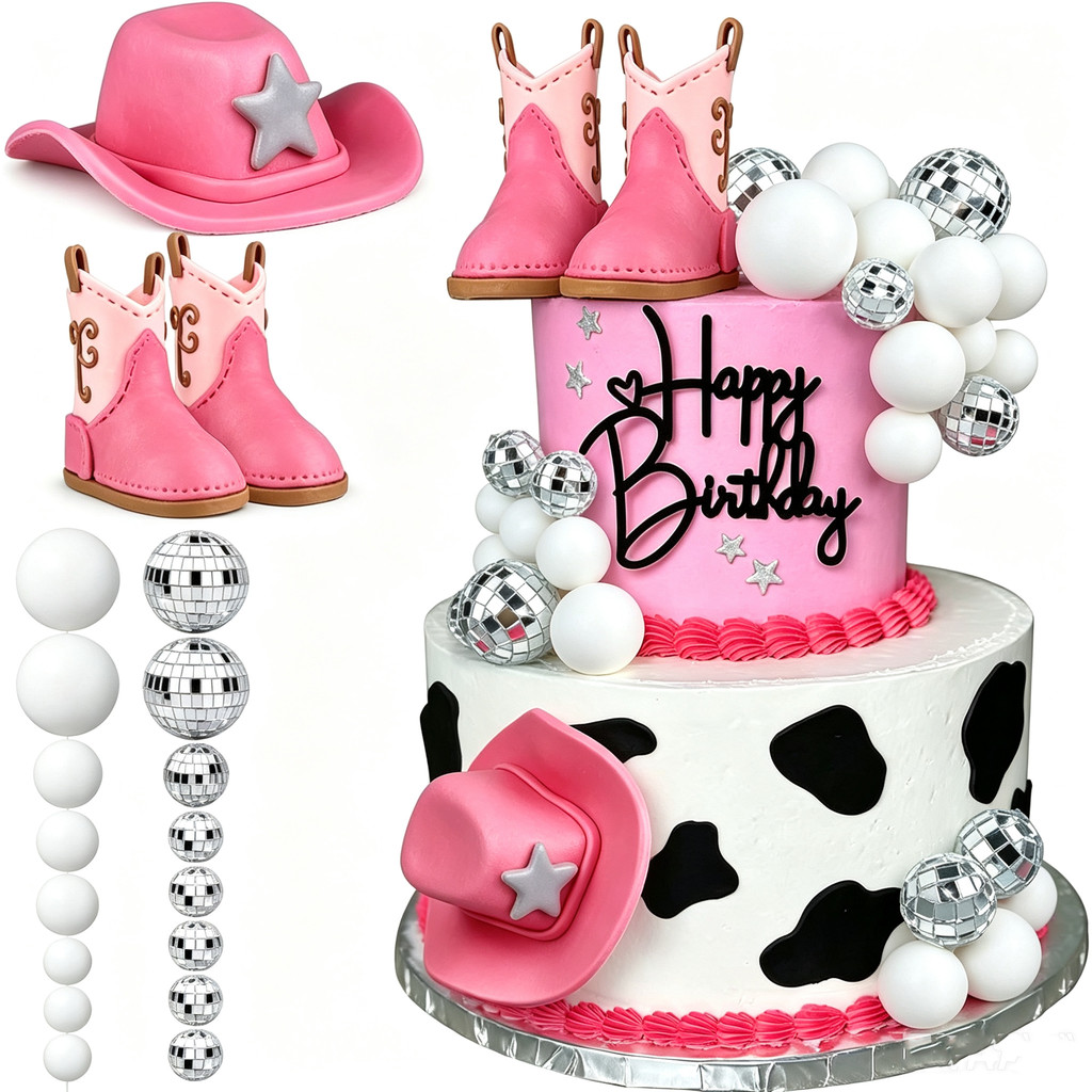 33pcs Cowgirl เค้กตกแต่ง Disco Silver Ball Cowgirl หมวกและ Boot เค้ก Topper สําหรับ Western Cowgirl 
